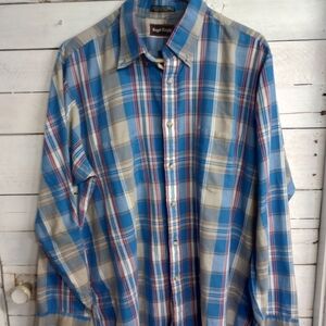 80s Royal Knight Blue Plaid Long Sleeve Grunge Streetwear Shirt Size LT Vintage.